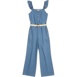 Paisley Lane Girls Chambray Jumpsuit Size 10 NWT Ruffle Straw Belt Wide Leg